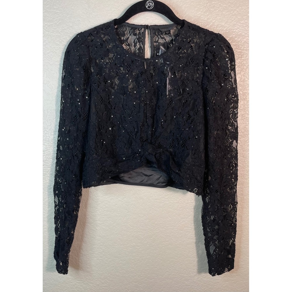 Guess Women S Ariel Waisted Lace Top Jet Black Sequin Cropped Long Sleeve NEW